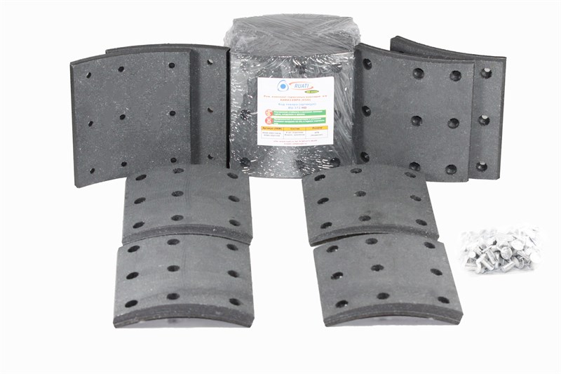 Рем. комплект тормозных накладок а/м КАМАЗ-6520, 6560 ЕВРО (Сверл./расточен./с заклёпками/ширина 180мм., 9 отв./ к-т 8 шт. короткие/ повышенная термостойкость и экспл. характ./ 6520-3501105-К, 6520-3501105-51) RUATI RU 372 HD