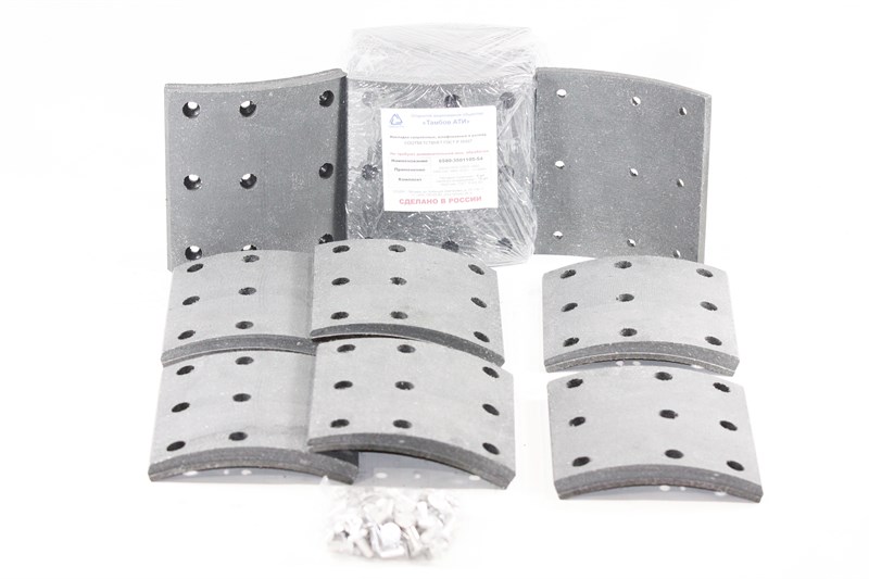Рем. комплект тормозных накладок а/м КАМАЗ-6520, 6560 ЕВРО (Сверл./расточен./с заклёпками/ширина 180мм., 9 отв./ к-т 8 шт. короткие/ повышенная термостойкость и экспл. характ./ 6520-3501105-К, 6520-3501105-51) Тамбов АТИ 6580-3501105-54