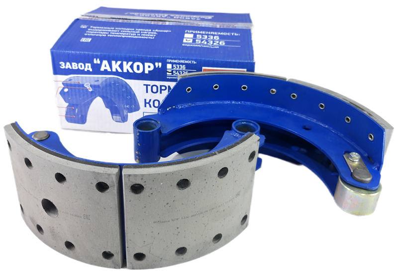 Колодка барабанного тормоза а/м МАЗ 54326, 9919, 93866, 5336, полуприцеп, в сб. под АБС (комплект 2 шт.=54326-3501090 + 54326-3501091 в сборе с роликом/ на колесо/ доп. арт. 9919-3501090/91/ Ширина 160 мм.) АККОР 54326-3501090/91 (К-Т)