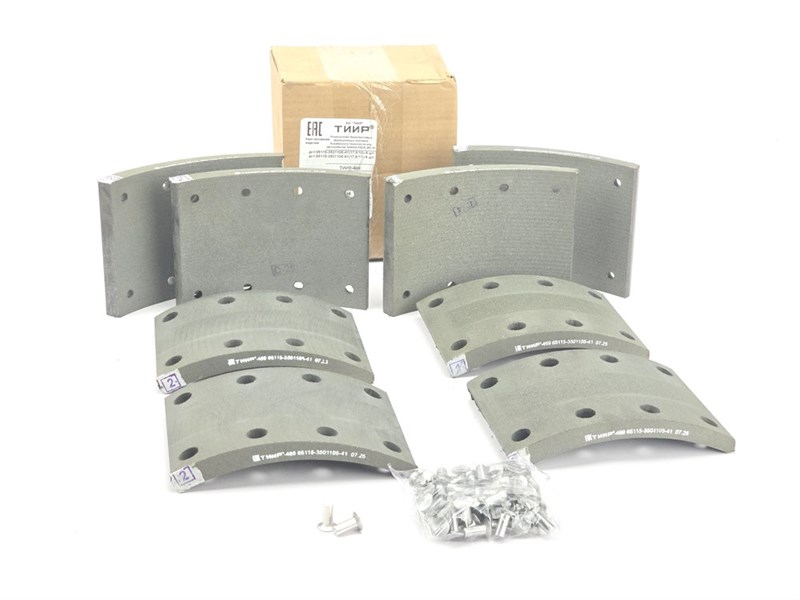 Рем. комплект тормозных накладок а/м КАМАЗ 53212,5511,5320, 65115, 53215 ЕВРО до 06.2013 г. (материал ТИИР-469, повышенный ресурс и термостойкость ОРИГИНАЛ/ Сверл./расточенные/с заклёпками/ширина 140мм./ к-т 8 шт. длинные: 65115-3501105-41 толст.+тонк./ д Ремком.№ 10. с закл. 469