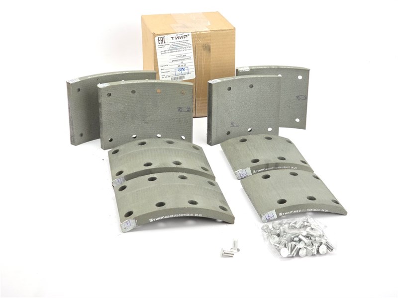 Рем. комплект тормозных накладок а/м КАМАЗ 65115, 65117, 53215 ЕВРО после 06.2013 г. (материал ТИИР-469, повышенный ресурс и термостойкость ОРИГИНАЛ/ Сверл./расточенные/с заклёпками/ширина 140мм./ к-т 4 длин. + 4 корот., 65115-3501105-41/65115-3501105-51  Ремком.№ 11. с закл. 469