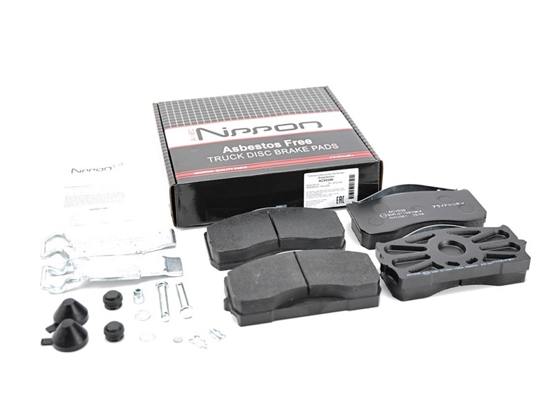 Колодка дискового тормоза (ACV 038 K) системы: Knorr SB 5000; SN5 а/м ГАЗ-33104, Валдай, MAN, Mercedes и др. полный (к-т 4 шт., с установочным комплектом: палец\пружины\резинки) WVA 29115  29148  29183, 3310-3501800 (NIPPON) ACV 038 K