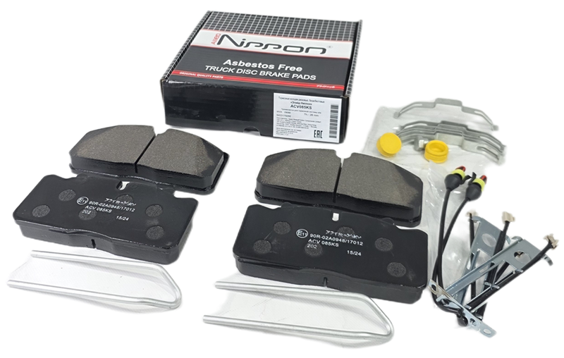 Колодка дискового тормоза (ACV 085 K S) системы: WABCO; PAN 17 а/м Газон NEXT, ПАЗ ВЕКТОР NEXT, Renault Trucks, Iveco (к-т 4 шт., с установочным комплектом: палец\ пружинки\ резинки\ датчик износа) WVA 29088 (NIPPON) ACV 085 K S